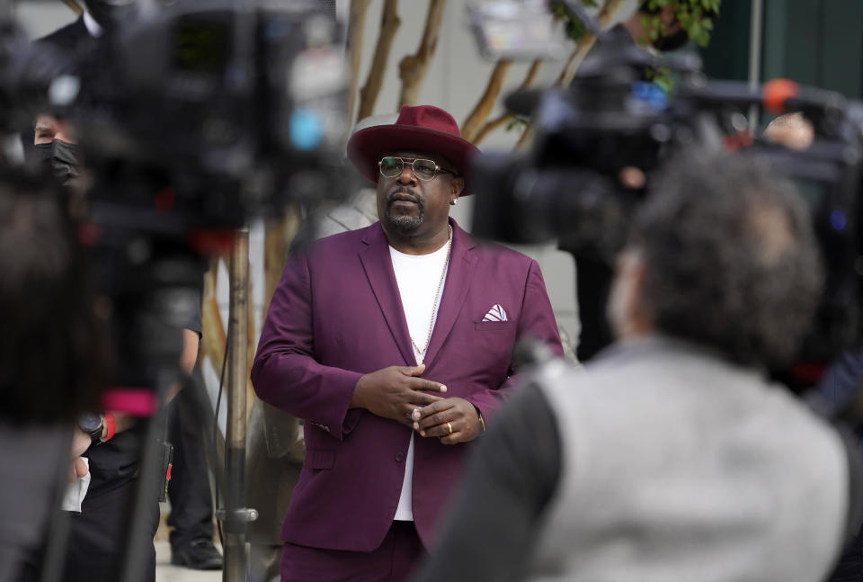 Cedric the Entertainer, host of Sunday's 73rd Primetime Emmy Awards, waits to take the stage during the show's Press Preview Day, Wednesday, Sept. 14, 2021, at the Television Academy in Los Angeles. The awards show honoring excellence in American television programming will be held at the Event Deck at L.A. Live. (AP Photo/Chris Pizzello)