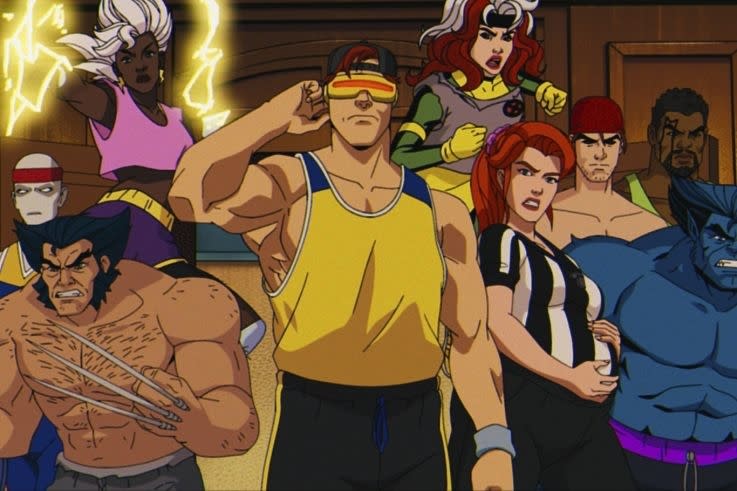 Animated X-Men characters in action poses, including Cyclops, Jean Grey, and Beast