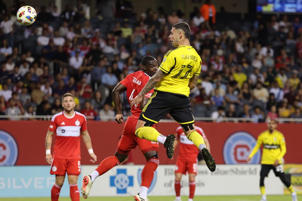 Crew forward Christian Ramirez heads the ball for a goal against Chicago on Saturday.