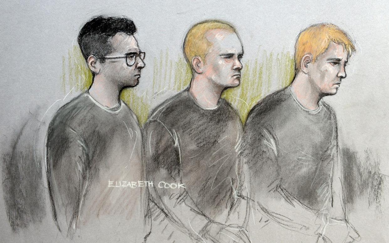 Alex Deakin, Mikko Vehvilainen and Mark Barrett appeared at Westminster Magistrates Court charged with terror offences  - PA