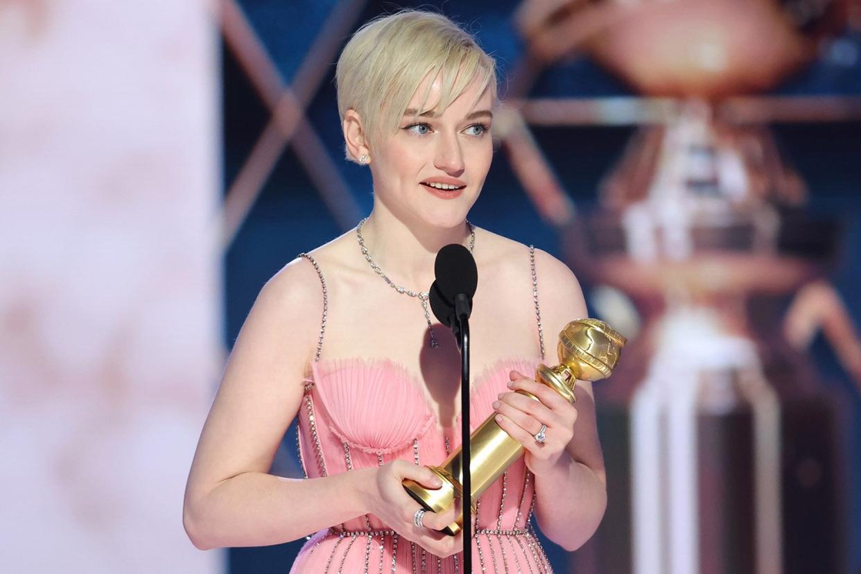 Julia Garner accepts the Best Supporting Actress in a Television Series – Musical-Comedy or Drama award for "Ozark" onstage at the 80th Annual Golden Globe Awards held at the Beverly Hilton Hotel on January 10, 2023 in Beverly Hills, California.