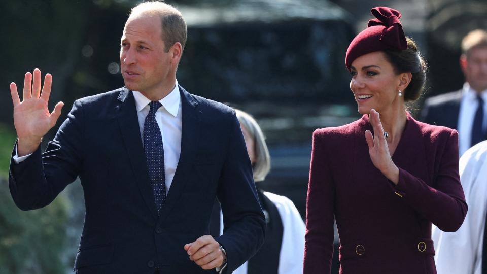 Prince William and Catherine, Princess of Wales greet well-wishers during a visit to St David's Cathedral