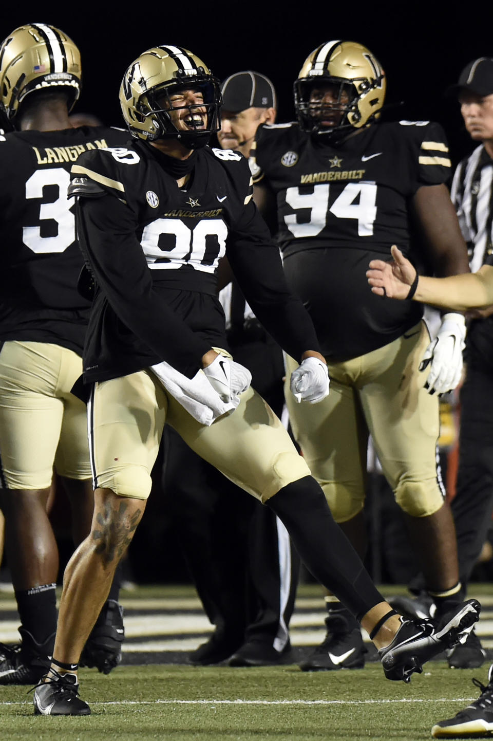 Vanderbilt defensive lineman Alex Williams (80) celebrates after the defense stopped Stanford at the goal line in the first half of an NCAA college football game Saturday, Sept. 18, 2021, in Nashville, Tenn. (AP Photo/Mark Zaleski)