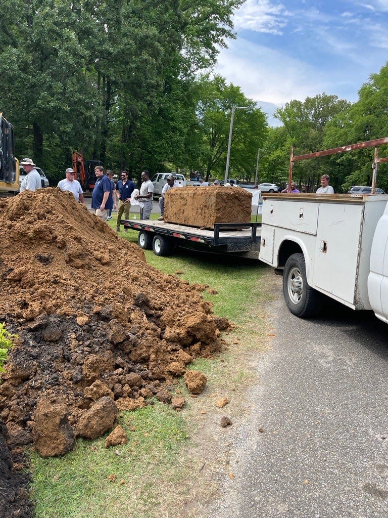 The dug-up time capsule from 1972 was loaded onto a trailer at Muse Park before being transported to Jackson State Community College on Wednesday, June 1, 2022.