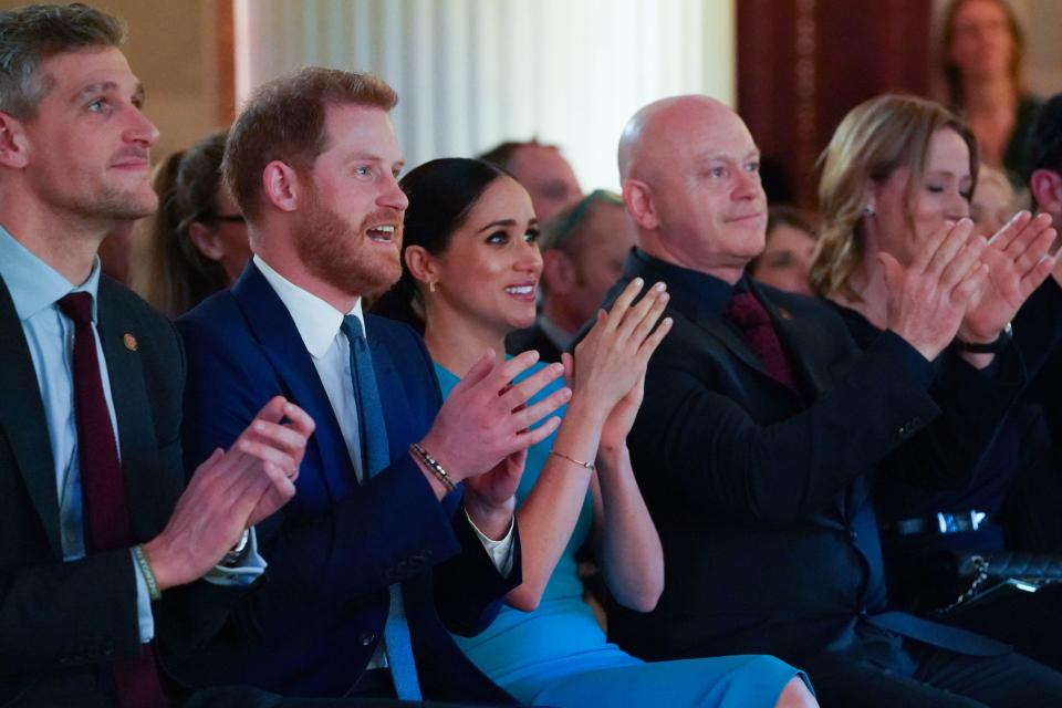 Britain's Prince Harry (2nd-L), Duke of Sussex, and Meghan (3rd-L), Duchess of Sussex attend the Endeavour Fund Awards at Mansion House in London on March 5, 2020. - The Endeavour Fund helps servicemen and women have the opportunity to rediscover their self-belief and fighting spirit through physical challenges. (Photo by Paul Edwards / POOL / AFP) (Photo by PAUL EDWARDS/POOL/AFP via Getty Images)