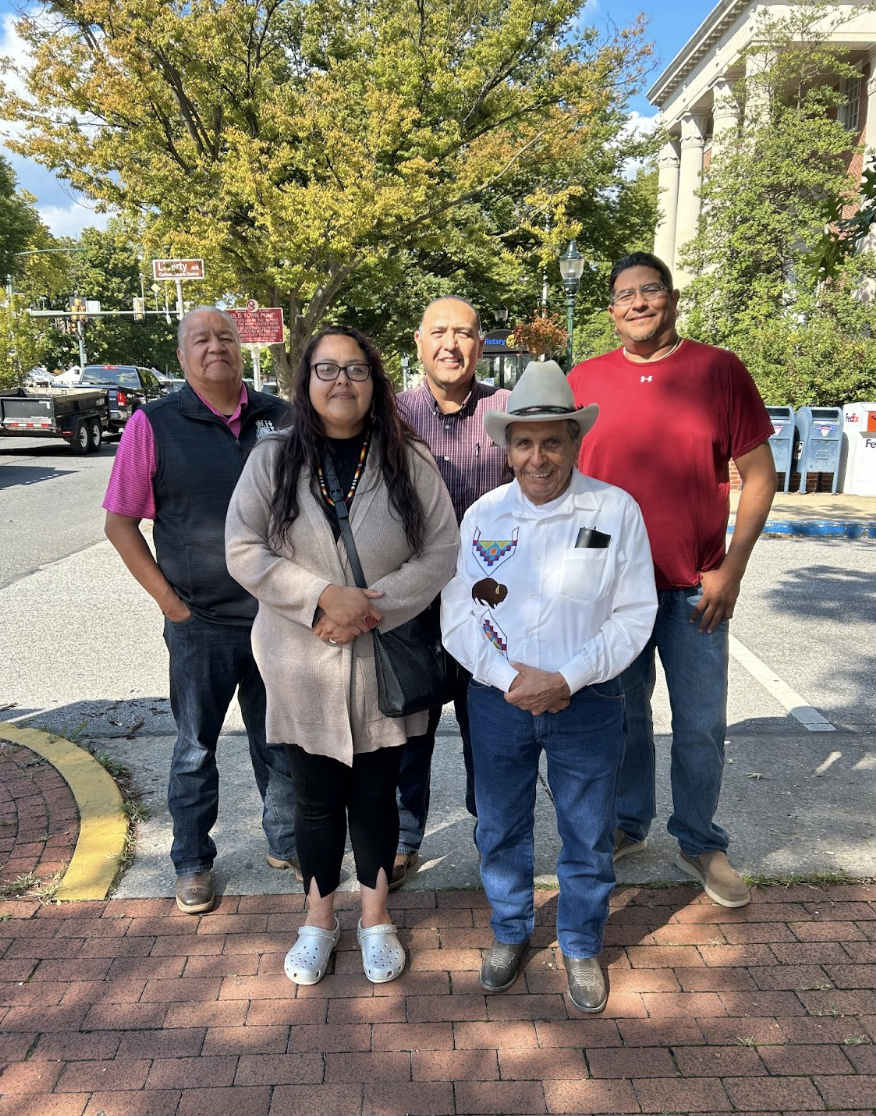 The Fort Belknap Indian Community Repatriation Delegation in Carlisle, Pennsylvania the week of Sept. 18. “Maybe we're the first tribe that [the Army] isn’t giving a hard time to,” said deputy tribal historic preservation office, (left) Emma Filesteel. (Photo: Jenna Kunze)   From back left: Tribal chairman Jeffrey Stiffarm, Tribal historic preservation officer Michael Blackwolf, Gros Ventre Council representative Geno LaValdo, Assiniboine Council representative and boarding school survivor Donovan Archambault.