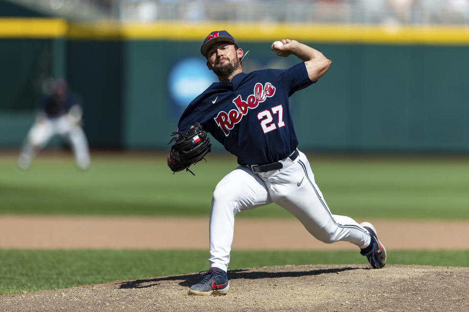 Mississippi pitcher John Gaddis (27) throws a pitch against Oklahoma in the seventh inning in Game 2 of the NCAA College World Series baseball finals, Sunday, June 26, 2022, in Omaha, Neb. (AP Photo/John Peterson)