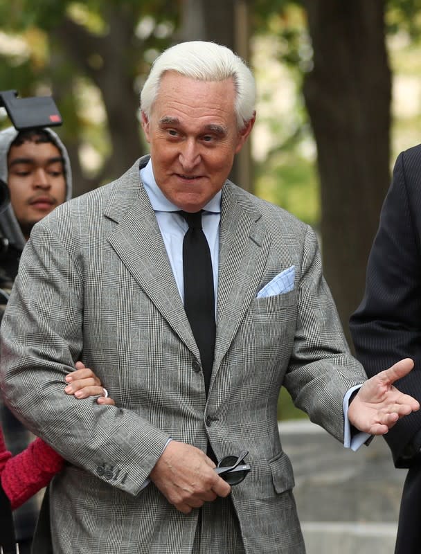 Roger Stone, former campaign aide to U.S. President Donald Trump arrives for the continuation of his criminal trial on charges of lying to Congress, obstructing justice and witness tampering
