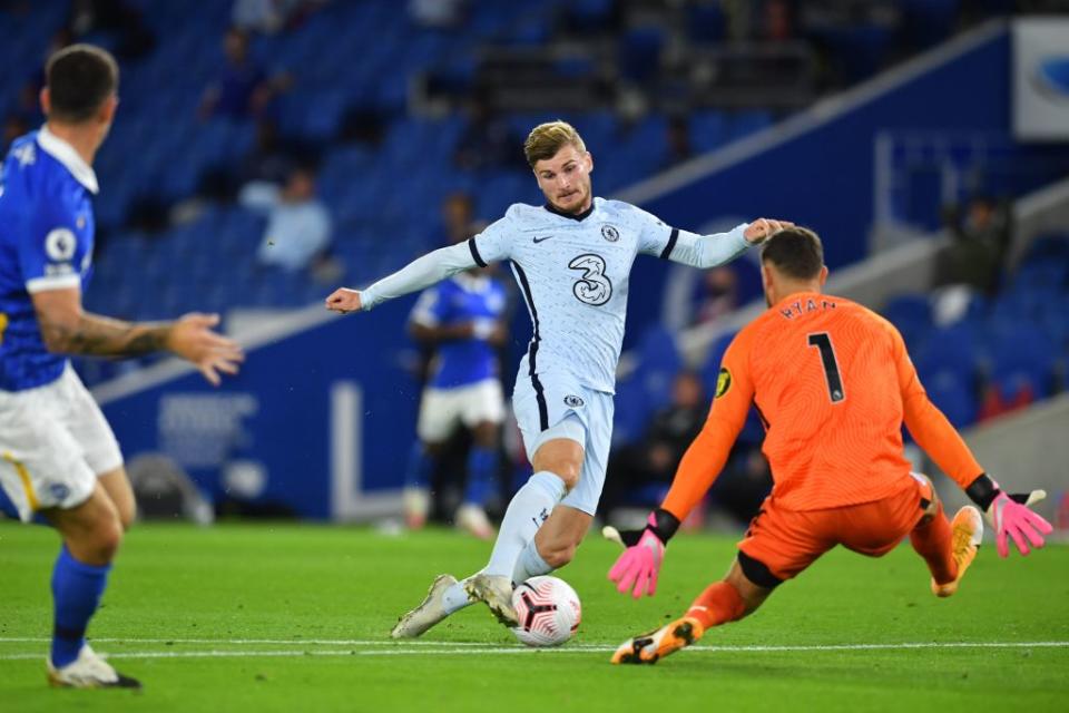 Timo Werner wins a penalty against BrightonPOOL/AFP via Getty Images