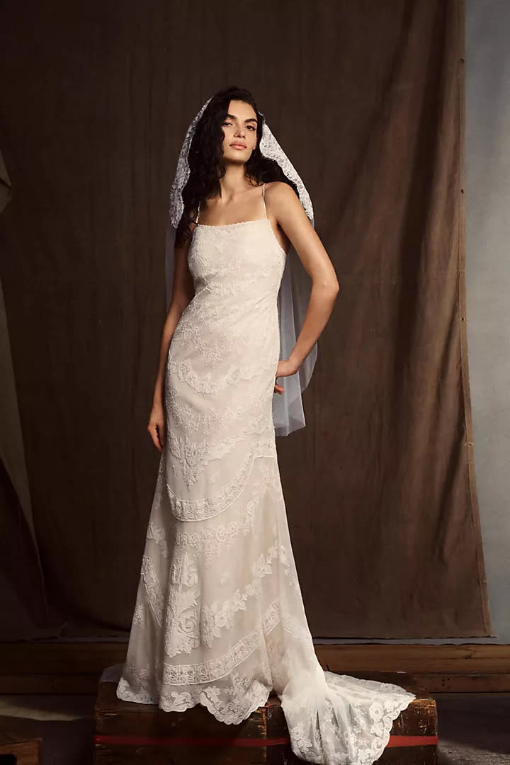 BHLDN Gaspard Straight-Neck Lace Wedding Gown. Image via Anthropologie.