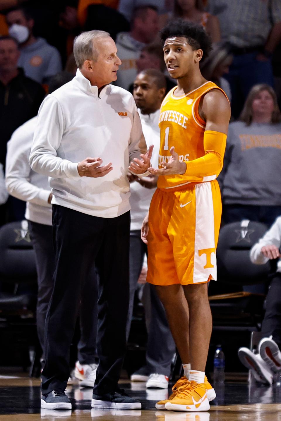 Tennessee head coach Rick Barnes talks to guard Kennedy Chandler (1) during an NCAA college basketball game against Vanderbilt Tuesday, Jan. 18, 2022, in Nashville, Tenn. (AP Photo/Wade Payne)