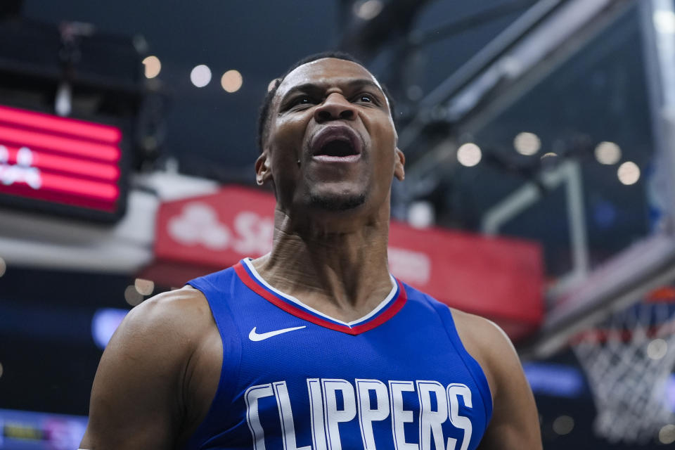 Los Angeles Clippers guard Russell Westbrook reacts after drawing an and-one call during the first half of an NBA basketball game against the Minnesota Timberwolves, Monday, Feb. 12, 2024, in Los Angeles. (AP Photo/Ryan Sun)