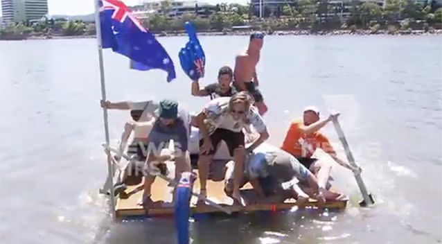 Young men in Brisbane made a raft and cruised the river on Australia Day. Source: 7 News
