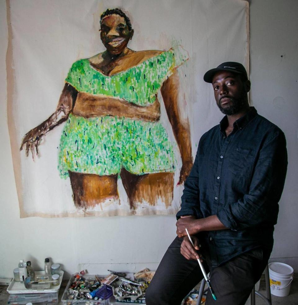 Painter Jared McGriff poses with one of his works in progress in his studio at Spinello Projects in Miami’s Allapattah neighborhood. McGriff has a solo show of his paintings at the NSU Art Museum Fort Lauderdale for Miami Art Week.