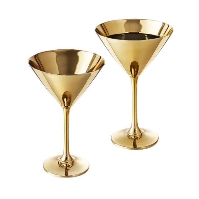 Stainless Steel Cocktail Shaker and Martini Glass Set, Gold and