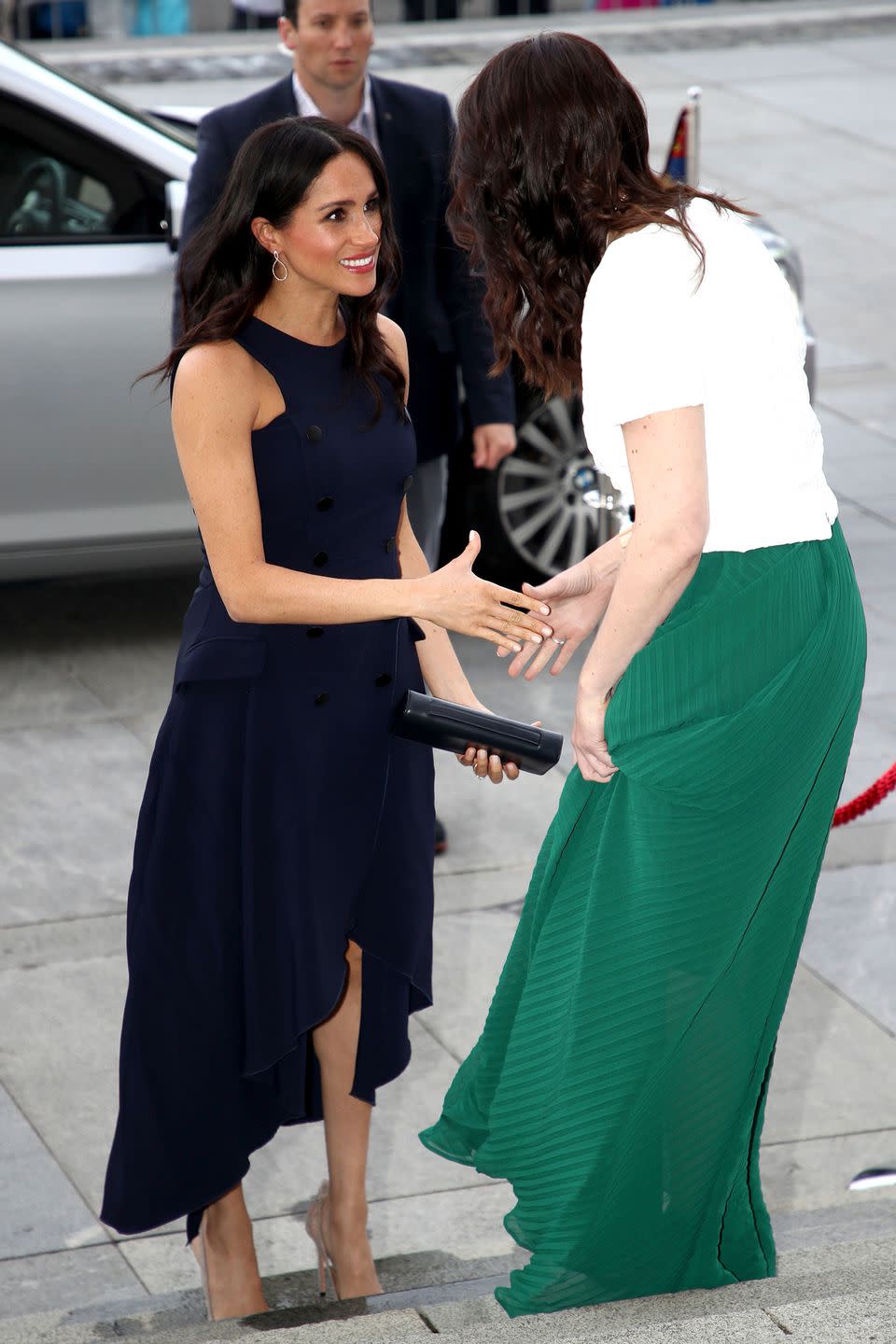 <p><strong>30 October </strong> The Duchess of Sussex shook the hand of New Zealand's Prime Minister, Jacinda Ardern. The royal wore an Antonio Berardi navy dress. </p>