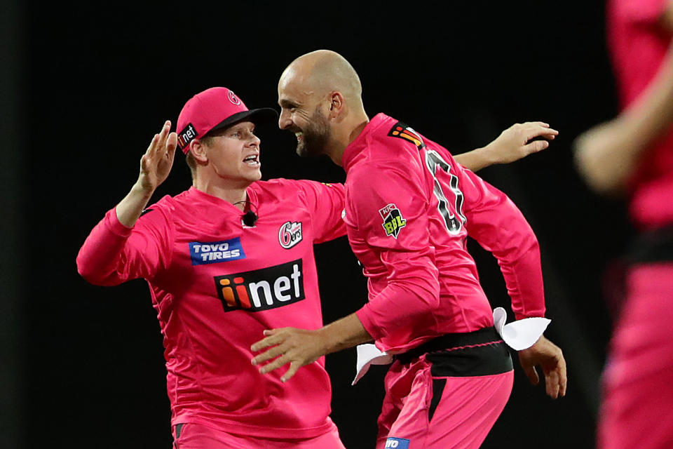 Steve Smith and Nathan Lyon, pictured here in action for the Sydney Sixers in 2020.