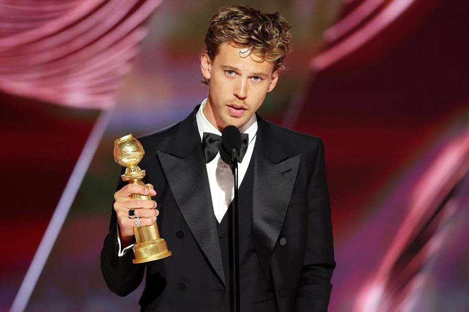 BEVERLY HILLS, CALIFORNIA - JANUARY 10: 80th Annual GOLDEN GLOBE AWARDS -- Pictured: Austin Butler accepts the Best Actor in a Motion Picture – Drama award for "Elvis" onstage at the 80th Annual Golden Globe Awards held at the Beverly Hilton Hotel on January 10, 2023 in Beverly Hills, California. -- (Photo by Rich Polk/NBC via Getty Images)