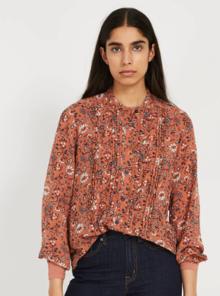 Printed Pintuck Detail Chiffon Blouse in Café au lait 