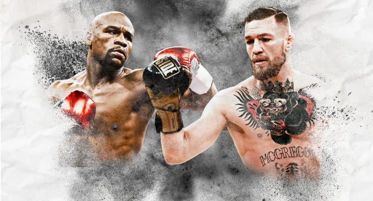 Floyd Mayweather and Conor McGregor will meet at T-Mobile Arena in Las Vegas on August 26. (Yahoo Sports illustration)