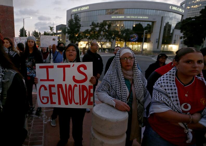 Santa Ana, CA - Students, parents and community members show support for the Palestinian people during a rally on Wednesday night Oct. 25, 2023, at the Santa Ana Civic Center. The Orange County event followed historic walkouts of college and high school students across the US and Canada. The students called for an end to US military aid to Israel, and an end the siege on the Gaza Strip. (Luis Sinco / Los Angeles Times)