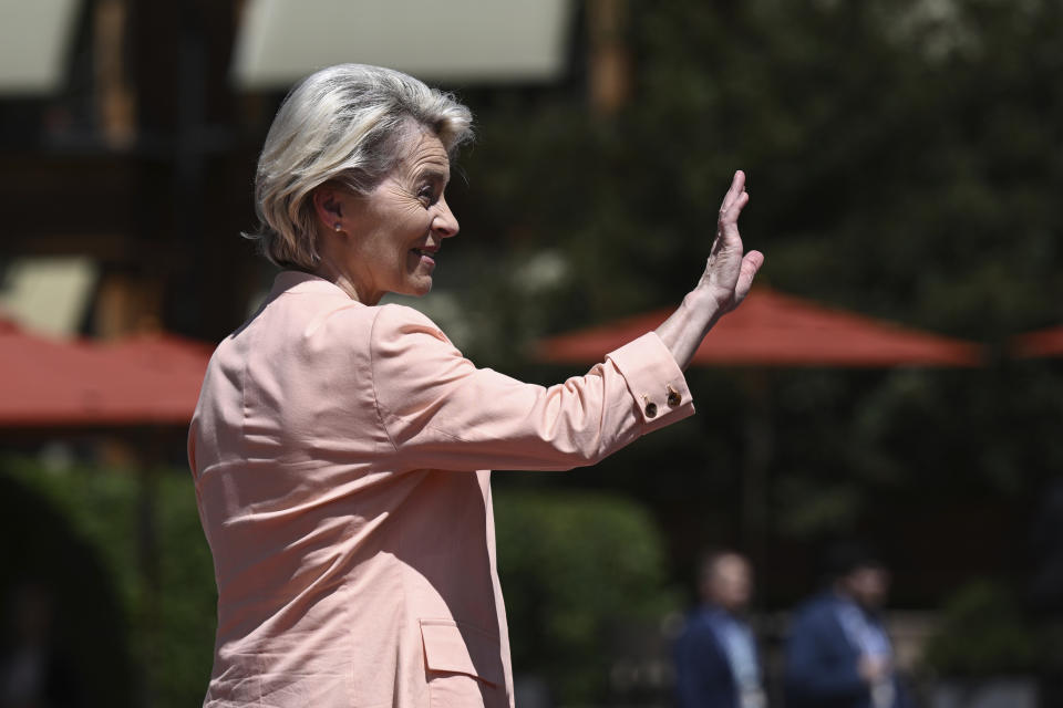 European Commission President Ursula von der Leyen arrives for the official G7 summit welcome ceremony at Castle Elmau in Kruen, near Garmisch-Partenkirchen, Germany, on Sunday, June 26, 2022. The Group of Seven leading economic powers are meeting in Germany for their annual gathering Sunday through Tuesday. (Brendan Smialowski/Pool via AP)