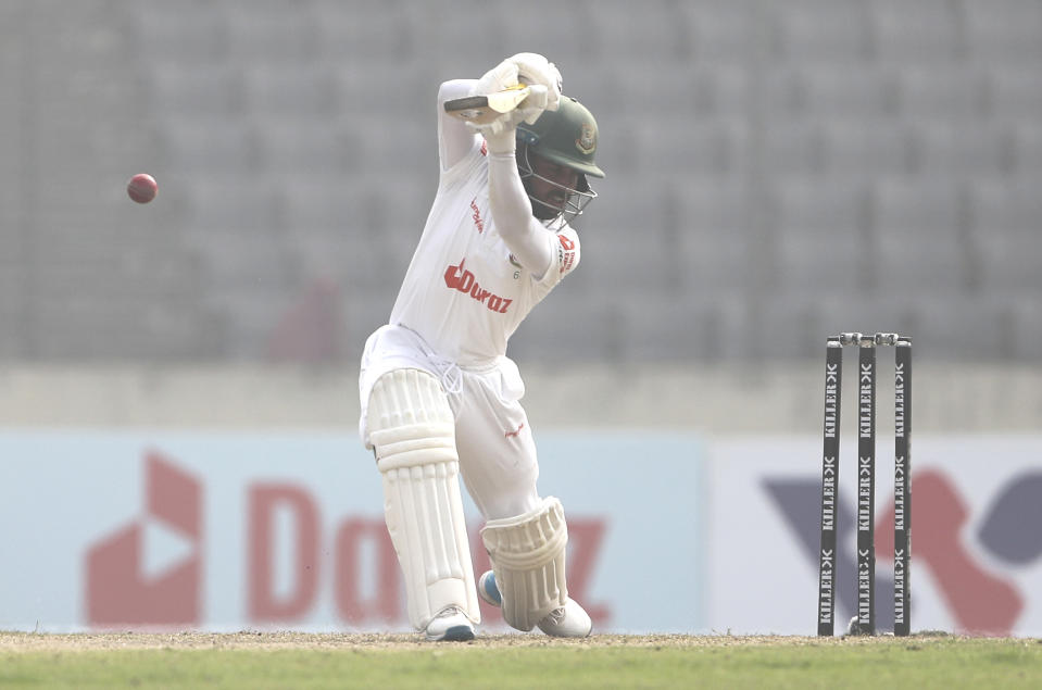 Bangladesh's Mominul Haque plays a shot on the day one of the second test cricket match Bangladesh between India, in Dhaka, Bangladesh, Thursday, Dec. 22, 2022. (AP Photo/Surjeet Yadav)