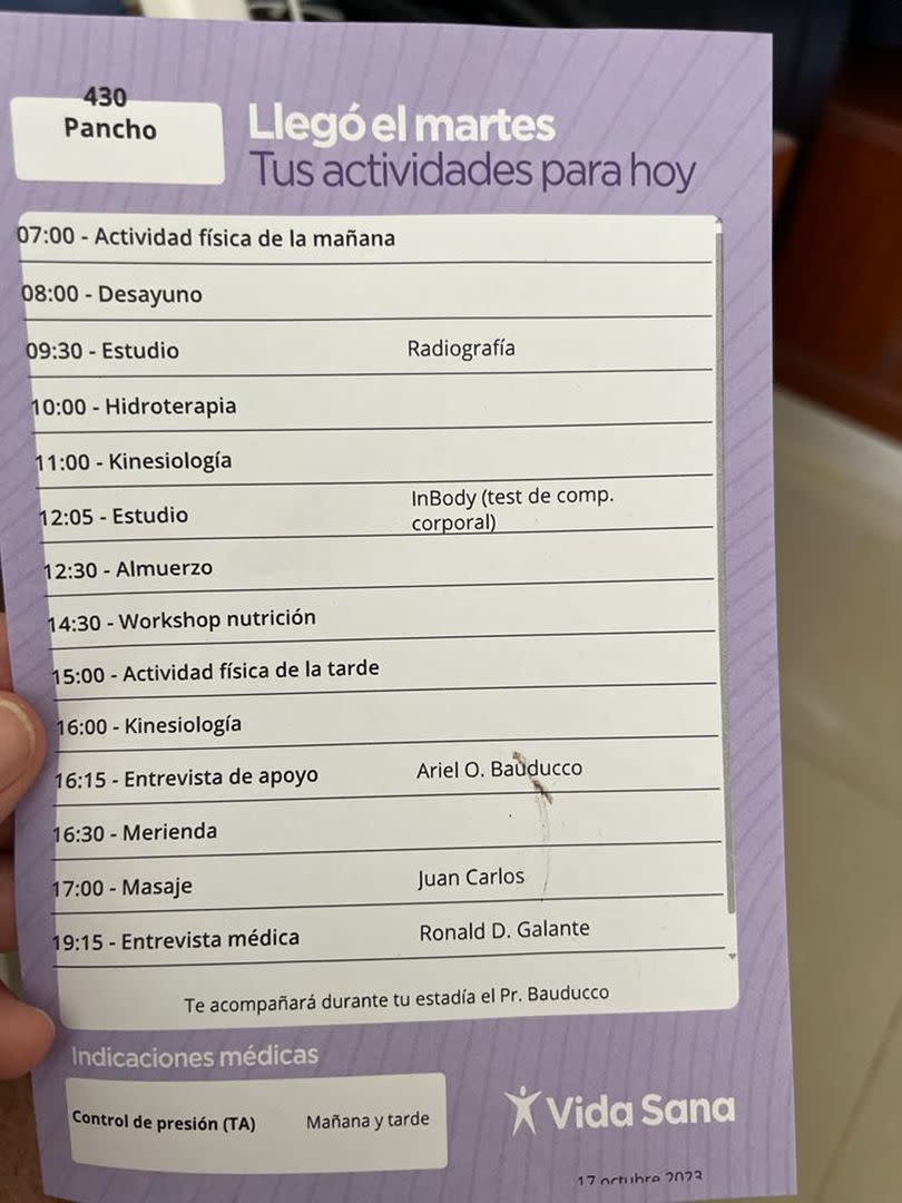 La lista de actividades de Pancho Dotto en el Centro Adventista de Vida Sana 