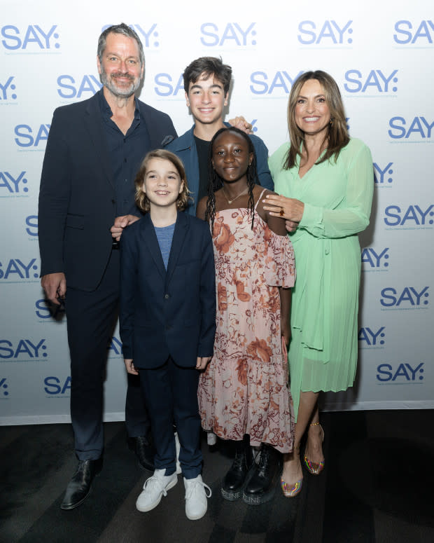 NEW YORK, NEW YORK - MAY 22: Peter Hermann and Mariska Hargitay pose with their children, August Miklos Friedrich Hermann, Andrew Nicolas Hargitay Hermann and Amaya Josephine Hermann at the 2023 Stuttering Association For The Young (SAY) Benefit Gala at The Edison Ballroom on May 22, 2023 in New York City. (Photo by Debra L Rothenberg/WireImage)<p><a href="https://www.gettyimages.com/detail/1492455183" rel="nofollow noopener" target="_blank" data-ylk="slk:Debra L Rothenberg/Getty Images;elm:context_link;itc:0;sec:content-canvas" class="link ">Debra L Rothenberg/Getty Images</a></p>