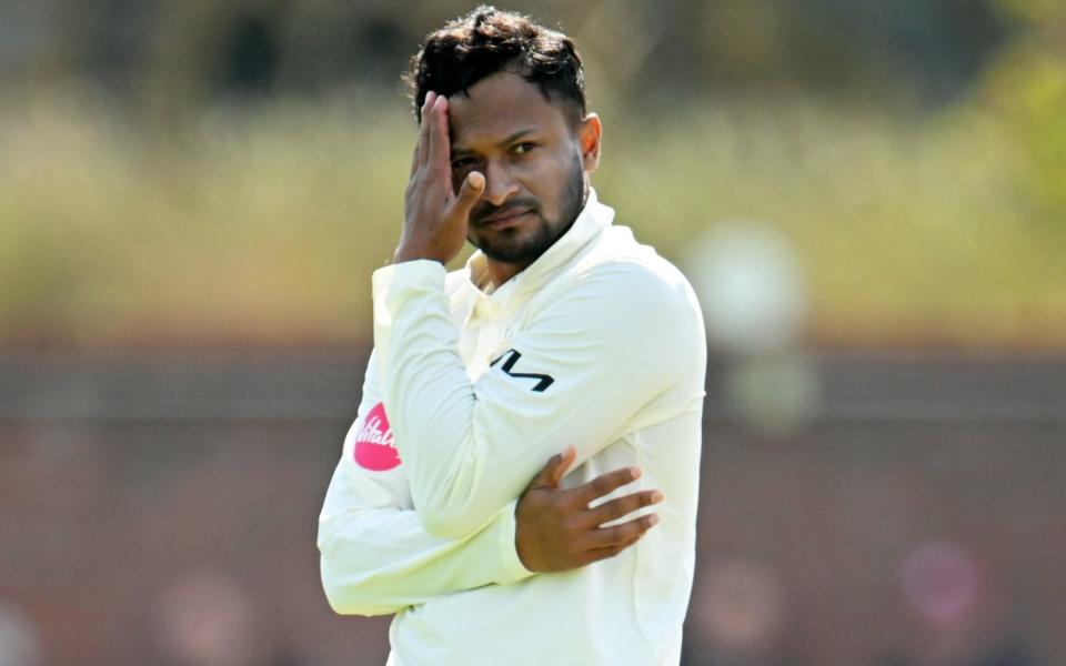 Shakib Al Hasan in action for Surrey during day one of the Vitality County Championship Division One match between Somerset and Surrey in Taunton