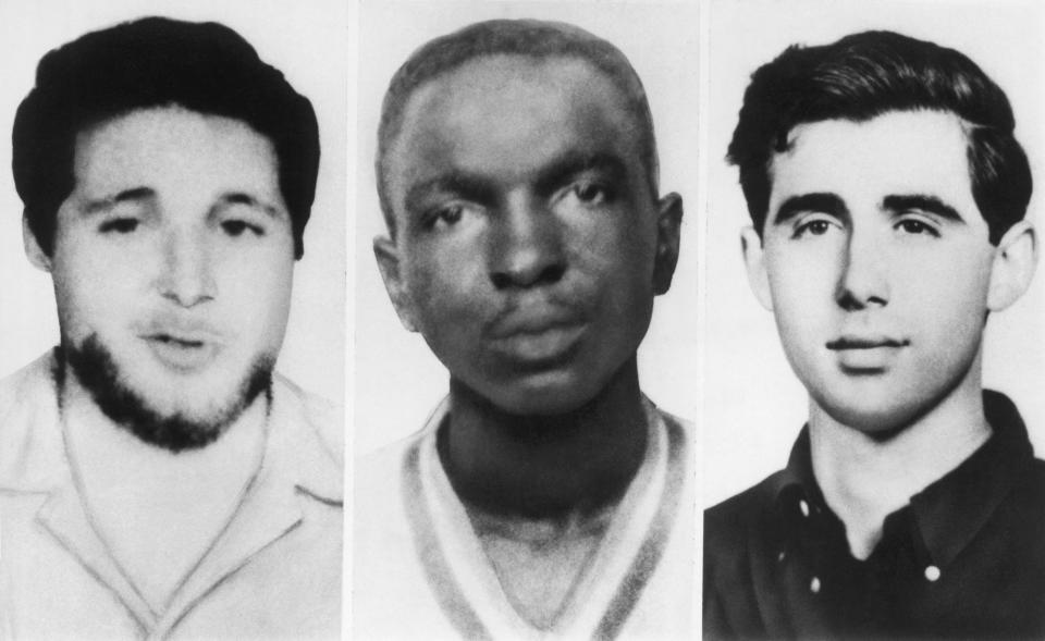 <p>From left, Michael Schwerner, James Chaney, and Andrew Goodman were three CORE civil rights workers who were murdered in Mississippi by members of the Ku Klux Klan, Philadelphia, Mississippi, June 24, 1964. (Photo: Underwood Archives/Getty Images) </p>