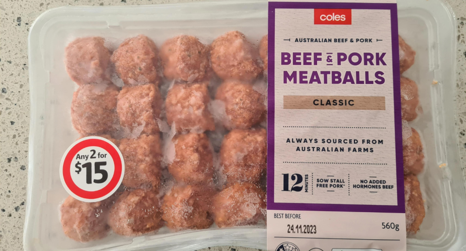 The first pack of meatballs being advertised as two for $15 and weighing 560 grams.