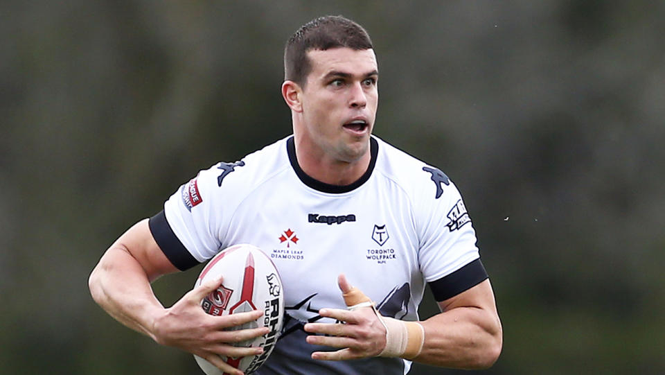 Darcy Lussick of the Toronto Wolfpack running for a hit up.