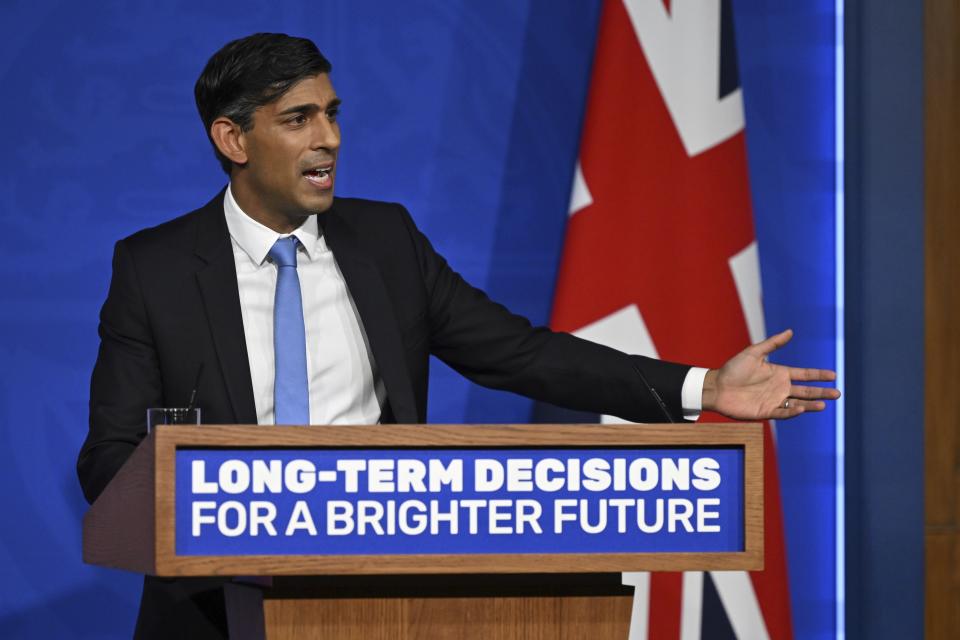 Britain's Prime Minister Rishi Sunak delivers a speech during a press conference on the net zero target, at the Downing Street Briefing Room, in central London, Wednesday Sept. 20, 2023. Prime Minister Rishi Sunak is preparing to water down some of Britain's environmental commitments, saying the country must fight climate change without penalizing workers and consumers. (Justin Tallis/Pool via AP)