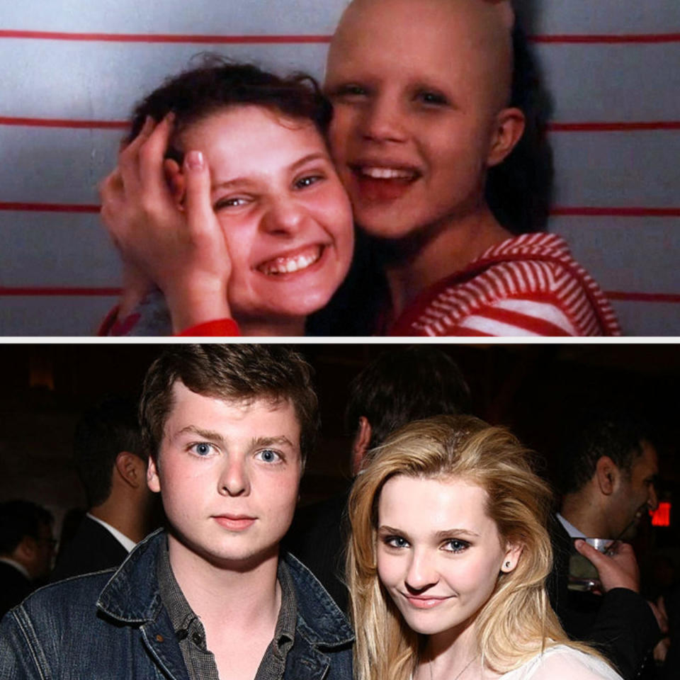 Above, Kate and Anna hug in a photo booth. Below, Abigail and Spencer pose at the Tribeca Film Festival