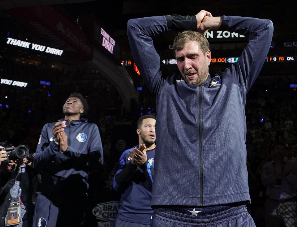 A tribute from the Spurs before his final NBA game moved Dirk Nowitzki to tears on Wednesday. (AP)