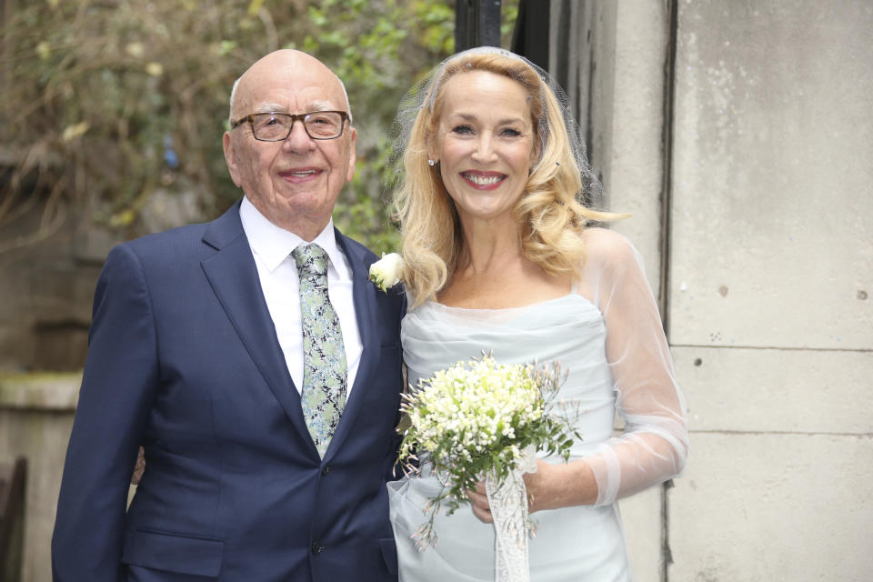 FILE - Rupert Murdoch, left, and Jerry Hall leave St Bride's Church after the celebration ceremony of their wedding in London, Saturday, March 5, 2016. (Photo by Joel Ryan/Invision/AP, File)