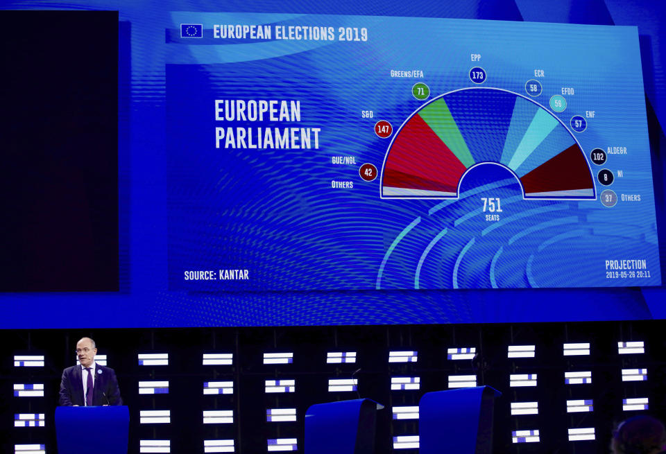 A presenter shows ongoing projections of results on a large screen in the press room at the European Parliament in Brussels, Sunday, May 26, 2019. From Germany and France to Cyprus and Estonia, voters from 21 nations went to the polls Sunday in the final day of a crucial European Parliament election that could see major gains by the far-right, nationalist and populist movements that are on the rise across much of the continent. (AP Photo/Olivier Matthys)