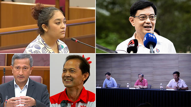 (clockwise from top left) Former Sengkang Member of Parliament Raeesah Khan; Deputy Prime Minister Heng Swee Keat; Foreign Minister Vivian Balakrishnan and Non-Constituency MP Leong Mun Wai; and the multi-ministry task force on COVID-19 (PHOTO: Gov.sg, Ministry of Communications and Information&#x002028;, newswires)