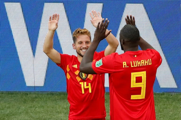 Dries Mertens celebrates with Romelu Lukaku after putting Belgium in front against Panama