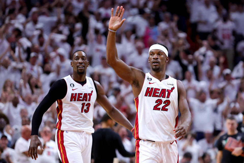 Jimmy Butler (22), Bam Adebayo and the Miami Heat have won three straight games as an underdog. (Photo by Megan Briggs/Getty Images)