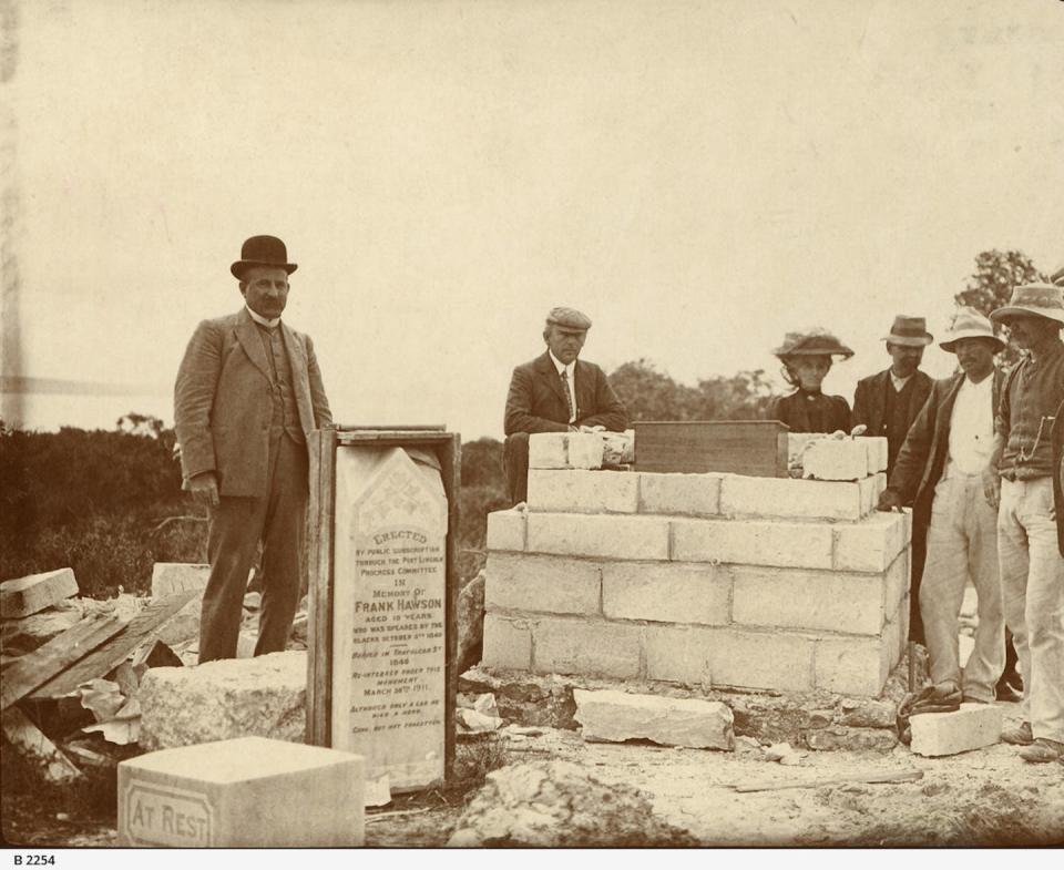 A 1911 photograph of the erection of the Frank Hawson monument. State Library of South Australia