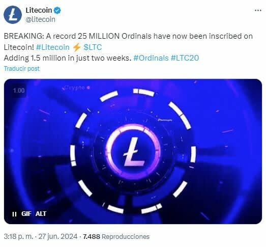 Litecoin alcanza un récord de 25 millones de Ordinals inscriptos