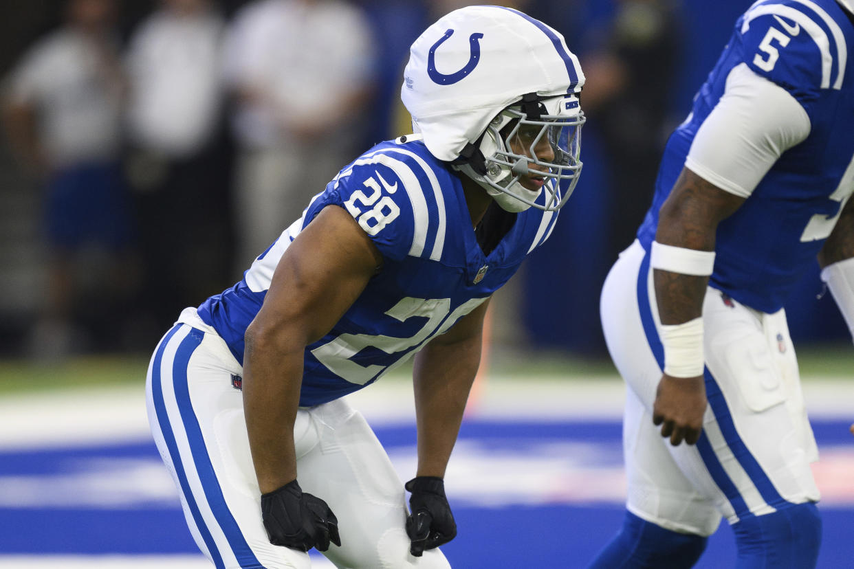 Indianapolis Colts running back Jonathan Taylor wore a Guardian Cap during a NFL preseason game against the Denver Broncos on Aug. 11, in Indianapolis. 