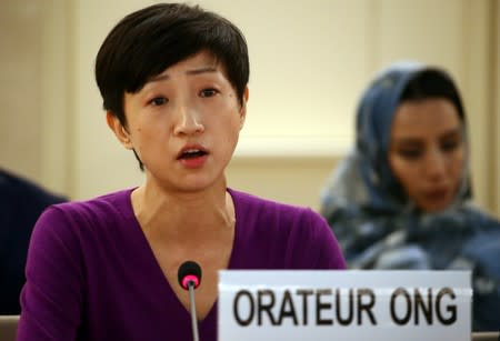 Hong Kong pro-democracy legislator Chan addresses a session of the Human Rights Council at the United Nations in Geneva