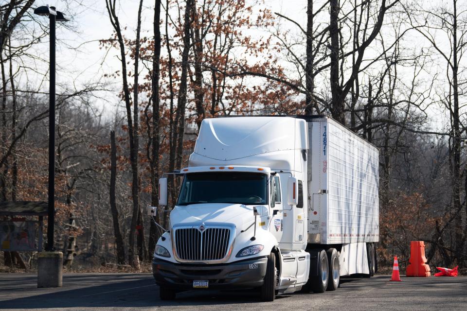 A truck used in training drivers for CDL parks in the parking lot at Bucks County Community College's Lower Bucks campus on Thursday, Feb. 2, 2023.