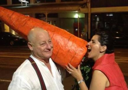 Photo of Nathan with his giant carrot in Melbourne.