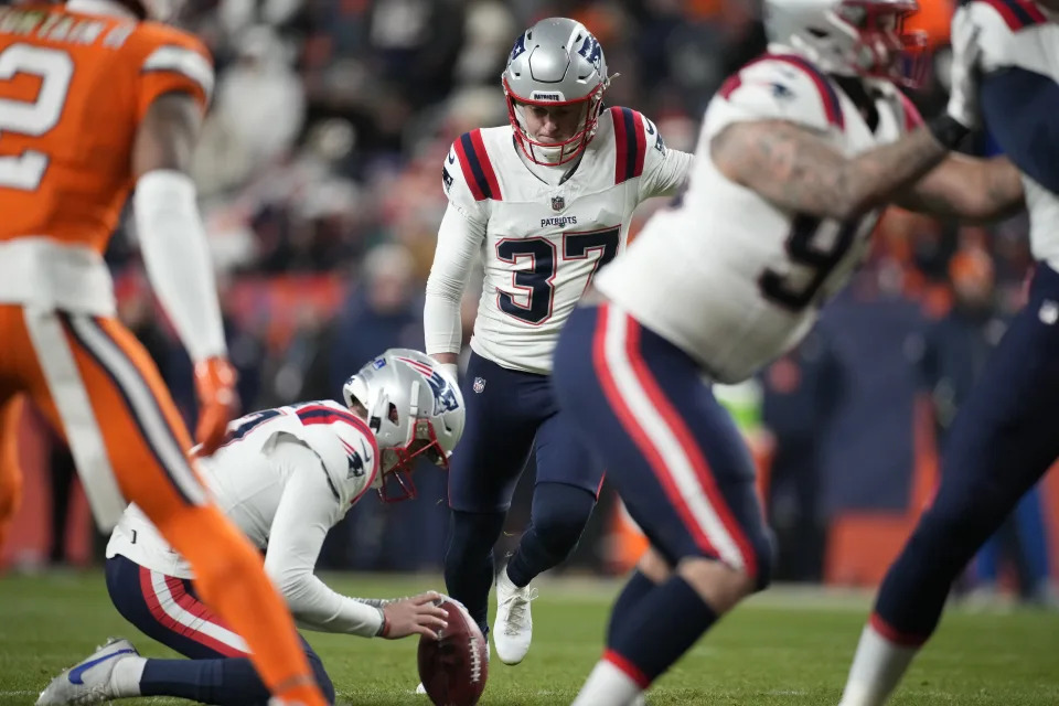 New England Patriots place-kicker Chad Ryland (37) kicks a field goal during the first half of an NFL football game against the Denver Broncos, Sunday, Dec. 24, 2023, in Denver. (AP Photo/David Zalubowski)