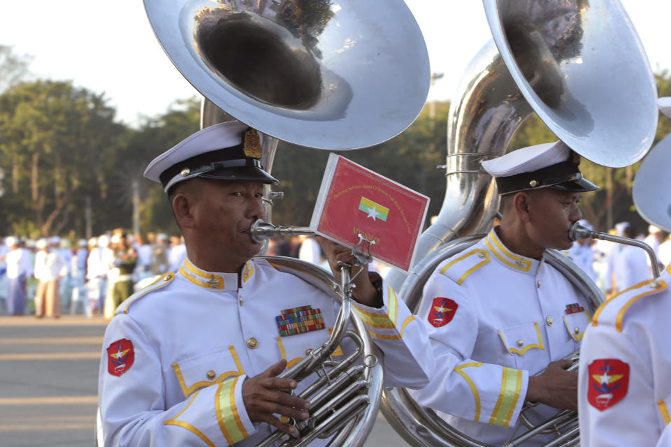 A military band marches during a ceremony marking Myanmar's 76th anniversary of Independence Day in Naypyitaw, Myanmar, Thursday, Jan. 4, 2024. (AP Photo/Aung Shine Oo)