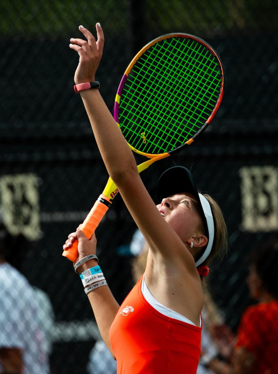 Skyridge’s Bella Lewis competes in the first singles finals against Layton’s Tia Christopulos during the 2023 6A Girls Tennis Championships at Liberty Park Tennis Courts in Salt Lake City on Saturday, Sept. 30, 2023. Lewis won the match. | Megan Nielsen, Deseret News